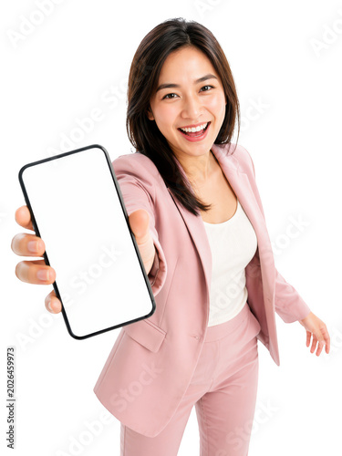 Smiling Woman Holding Phone: A young Asian woman in a pink suit enthusiastically presents a smartphone with a blank screen.