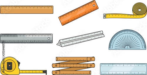 Tableau sur toile Measurement Rulers and Tape Measure Vector Illustration Set Featuring Protractor