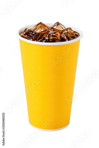 Golden Cup of Refreshment: A vibrant yellow paper cup overflowing with dark soda and ice cubes, offering a cool and refreshing beverage experience.