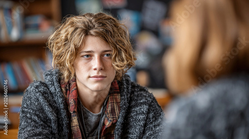 Teenage boy talking with mental health professional in school office representing counseling, youth support services, psychology care, emotional wellbeing and education system concept,