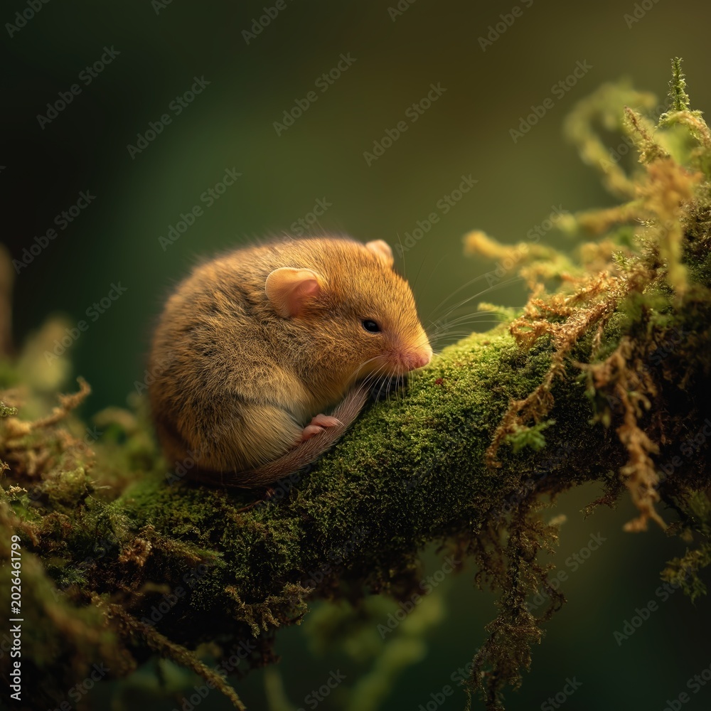Fototapeta premium Adorable Small Mouse on Mossy Branch