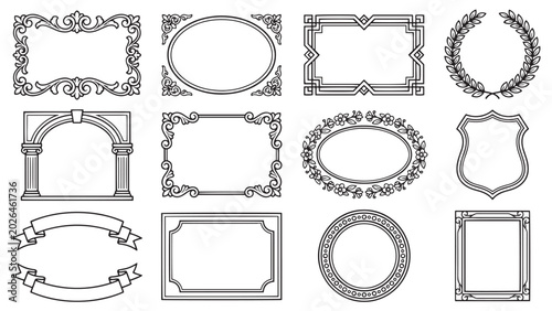 Ornate vintage decorative frame and border set with floral baroque wreath arch shield and ribbon styles for luxury certificate design