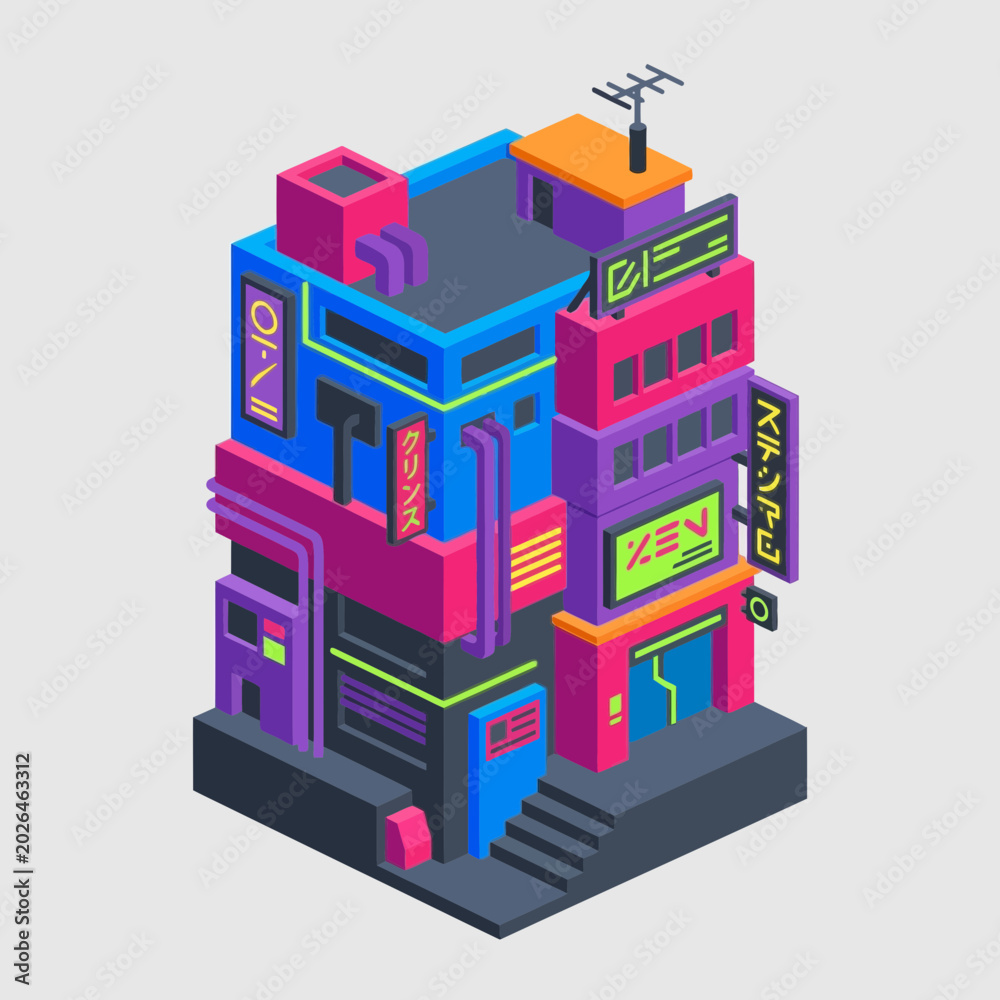 Naklejka premium Vibrant isometric illustration of a futuristic cyberpunk building with neon lights and multiple levels.
