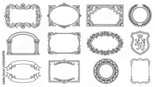 Ornate vintage decorative frame and border set with baroque floral wreath heraldic shield arch and ribbon for luxury formal design