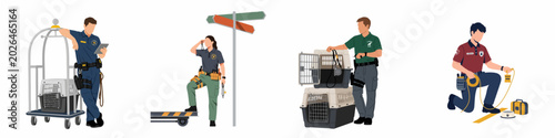 Set of professional illustrations depicting canine unit officers and security personnel with equipment like pet carriers and utility belts, isolated on a white background.