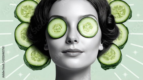 Fresh cucumber slices arranged around woman face in spa beauty concept representing skincare, wellness, natural cosmetics, hydration, self care, organic beauty treatment, and healthy lifestyle. 