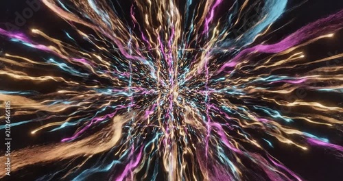 Abstract colorful light trails swirling and intertwining against a dark background, creating a vibrant visual effect