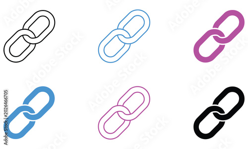 Six variations of colorful link icons displayed as a collection of simple graphical shapes for modern digital web design projects