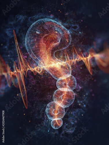 Digital illustration of cochlear implant sound signal conversion in medical technology context