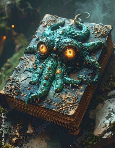 Fantasy book with detailed cover artwork in a mystical environment