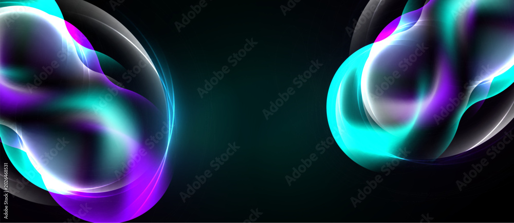 Naklejka premium Abstract swirls, vibrant colors, teal, purple, white. Dynamic composition against dark background creates modern visual impact.