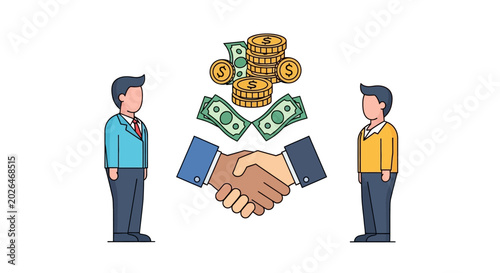 Businessmen shaking hands with money and coins above.