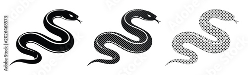 Photos Black snake vector set, slithering serpent silhouettes in three styles, minimali