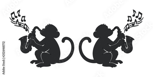 Canvas Print Monkey saxophone player silhouette, musical ape playing jazz instrument vector,