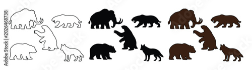 Bild auf Leinwand Prehistoric ice age animal silhouettes, 15 vector elements of mammoth and saber-
