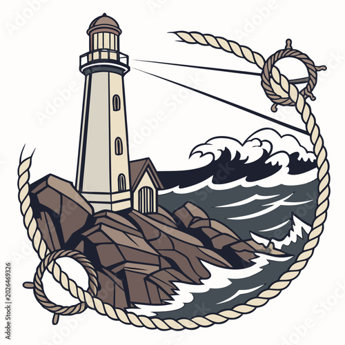 Photos Nautical lighthouse on rocky coast with waves and rope detail, coast guard