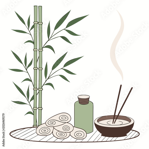 Photography Relaxing spa setup with bamboo incense sticks and essential oils, wellness