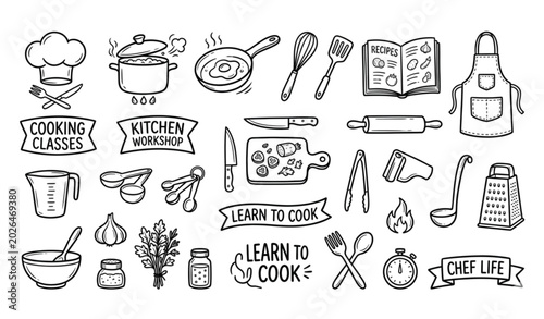 Foto Cooking classes doodle vector icons with chef hat whisk and frying pan illustrat
