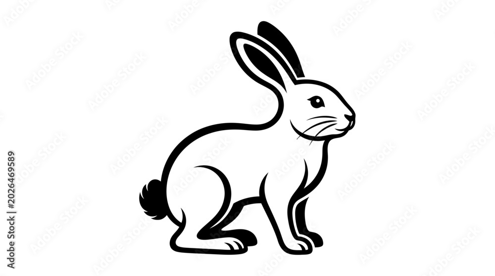 Fototapeta premium Minimalist black and white illustration of a sitting rabbit, representing speed, agility, and natural grace in a simple graphic style for diverse design projects