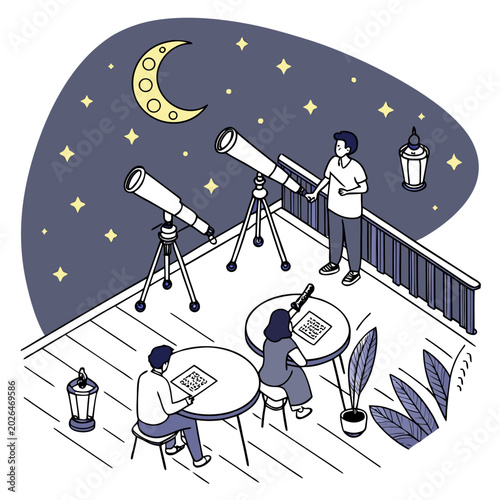 Konstfotografi People stargazing with telescopes on a balcony at night sky crescent moo