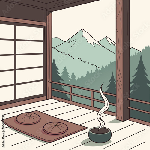 Fotografía Serene japanese room with mountain view and incense sliding door interior desi