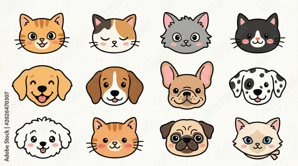 Fototapeta premium Collection of Cute Cartoon Animal Faces Including Cats and Dogs.