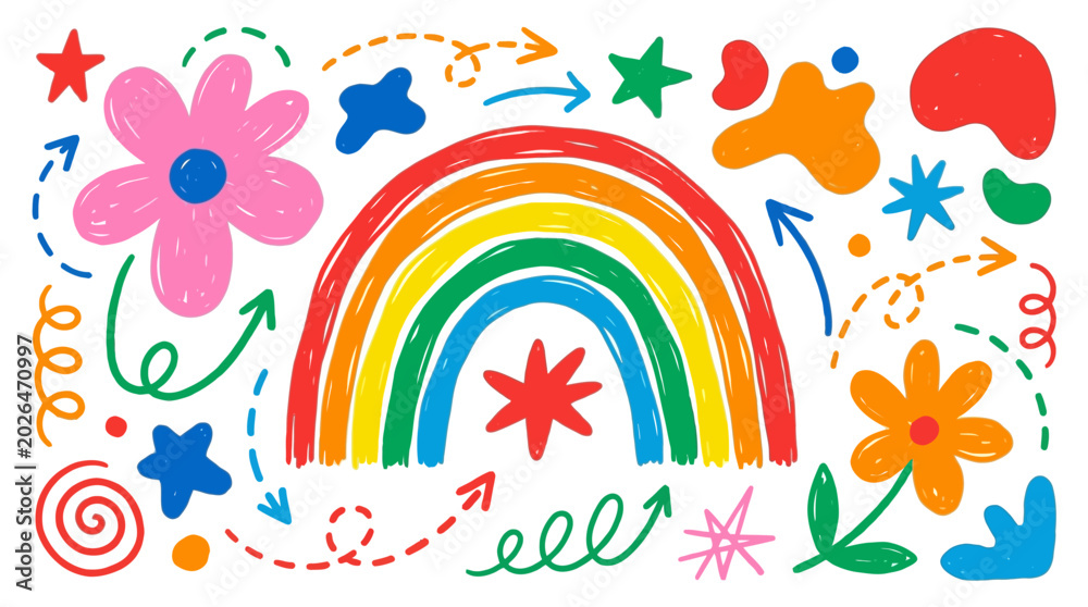 Fototapeta premium Vibrant Hand-Drawn Doodle Collection with Rainbow, Flowers, and Stars
