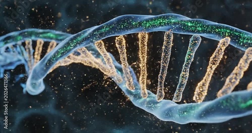 Abstract representation of DNA strands intertwined with glowing particles and viruses in space