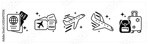 Photos A set of 5 icons as passport, boarding pass, airplane takeoff in orange color