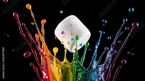 Abstract Colorful Paint Splash with Marshmallow on Black Background.