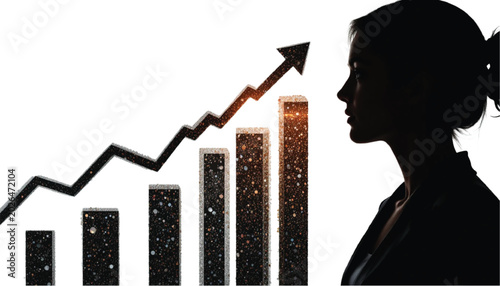 Businesswoman watches an ascending bar graph chart that highlights reaching new milestones and achieving significant financial prosperity within a highly competitive and modern global corporate.