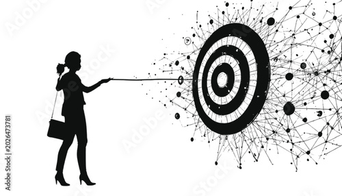 Businesswoman silhouette reaches toward a complex digital target structure to signify precision and focus within a professional setting where strategic goals are pursued with careful deliberate.