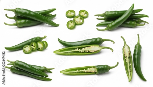 Green chili chilli chilies pepper fruit vegetable, many angles view side top front group slice cut on white background cutout. Mockup template for artwork graphic design