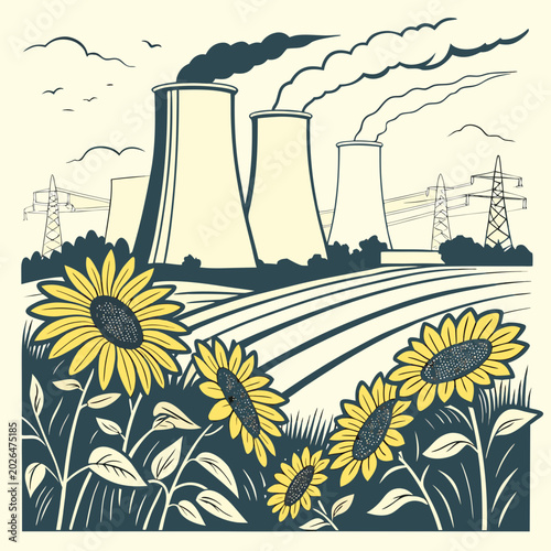 Industrial nuclear power plant towers near sunflower fields and electricity