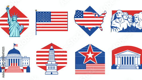 Tableau sur toile Collection of American patriotic symbols and landmarks, including the Statue of Liberty, US flag, Capitol Building, and Mount Rushmore