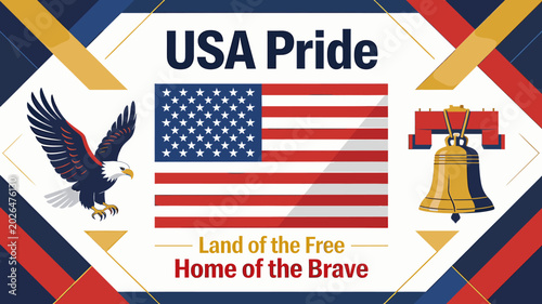 Konstfotografi USA Pride: Land of the Free, Home of the Brave, featuring the American flag, an eagle, and the Liberty Bell