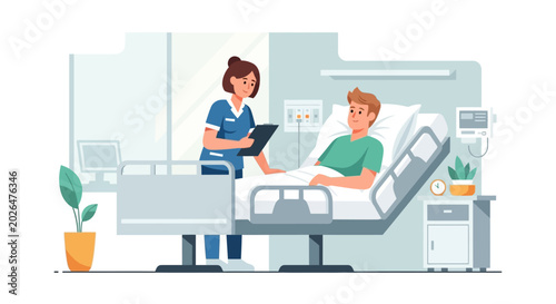 Nurse caring for a patient in a hospital room, healthcare concept