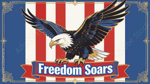 Quadro su tela A majestic bald eagle with outstretched wings soars above a patriotic red, white, and blue striped background, featuring a banner with 'Freedom Soars'