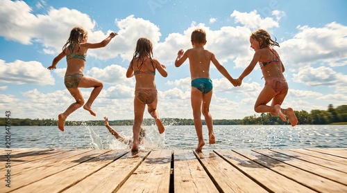 Children jumping off a wooden pier into a lake on a sunny summer day.