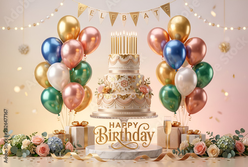 Happy Birthday celebration, elegant festive occasion, gold balloons, tiered cake, flowers, champagne, anniversary, party decor, congratulations.