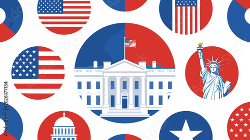 Foto A vibrant illustration of the White House surrounded by circular motifs featuring the American flag, the Statue of Liberty, and patriotic symbols in red, white, and blue
