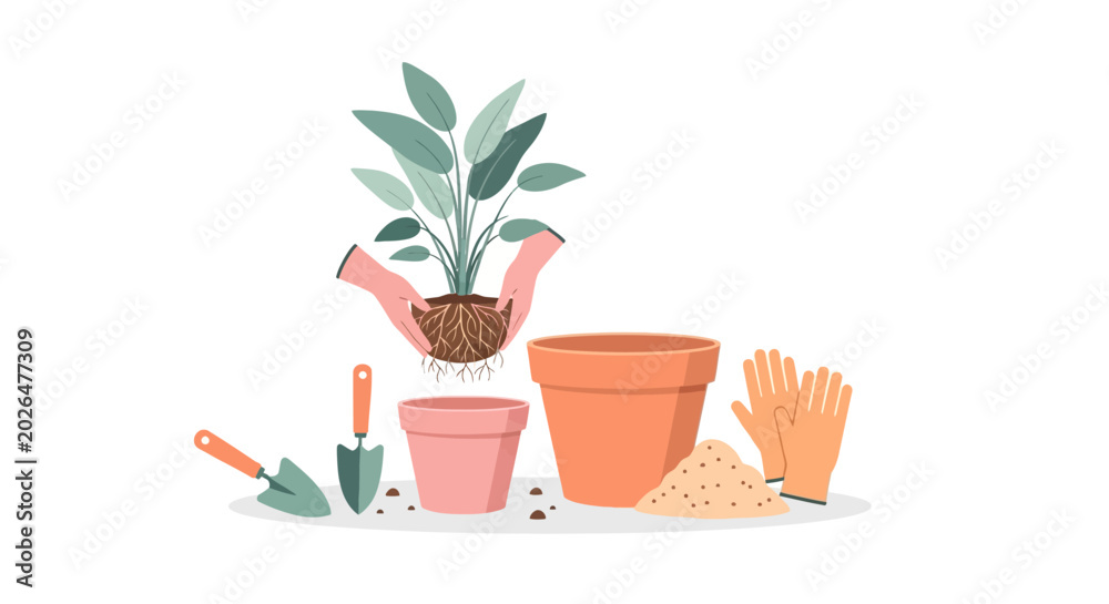Obraz premium Gardening tools and plant transplanting illustration.