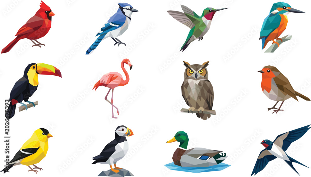 Fototapeta premium Colorful Exotic and Wild Bird Collection Featuring Cardinal Toucan Flamingo Owl Kingfisher Robin and Hummingbird in Detailed Vector Illustration Set