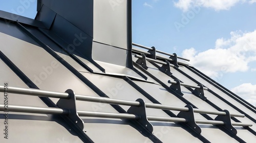 Modern grey metal roof with installed snow guards and chimney under a blue sky.