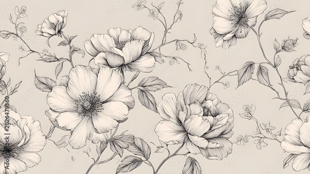 Fototapeta premium An elegant and delicate hand-drawn floral line art pattern showcasing intricate blooms and vines on a light background. Stock Illustration