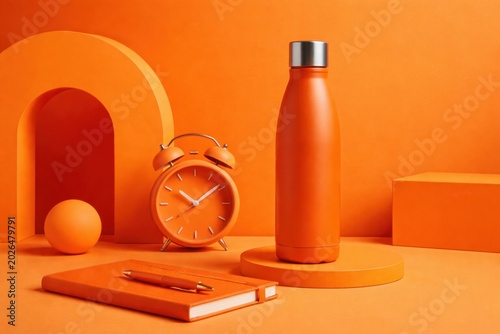 Vibrant orange still life with alarm clock, notebook, pen, and water bottle