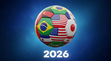 Globe with world flags celebrating new year 2026 with fireworks and stars