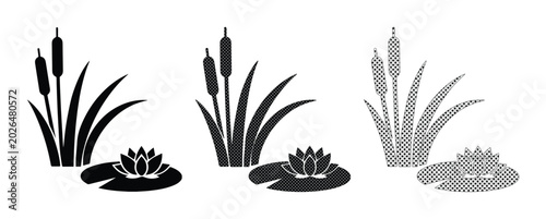 Foto Minimalist cattail and water lily vector icons, black marsh plant silhouettes, p