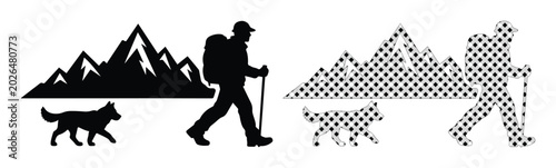 Canvastavla Hiking silhouette vector set, mountain trekker with dog and backpack icons, outd