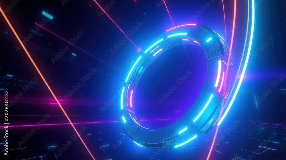 Fototapeta premium Neon rings, vibrant lines create futuristic tunnel. Dark background emphasizes glowing elements, digital aesthetic.